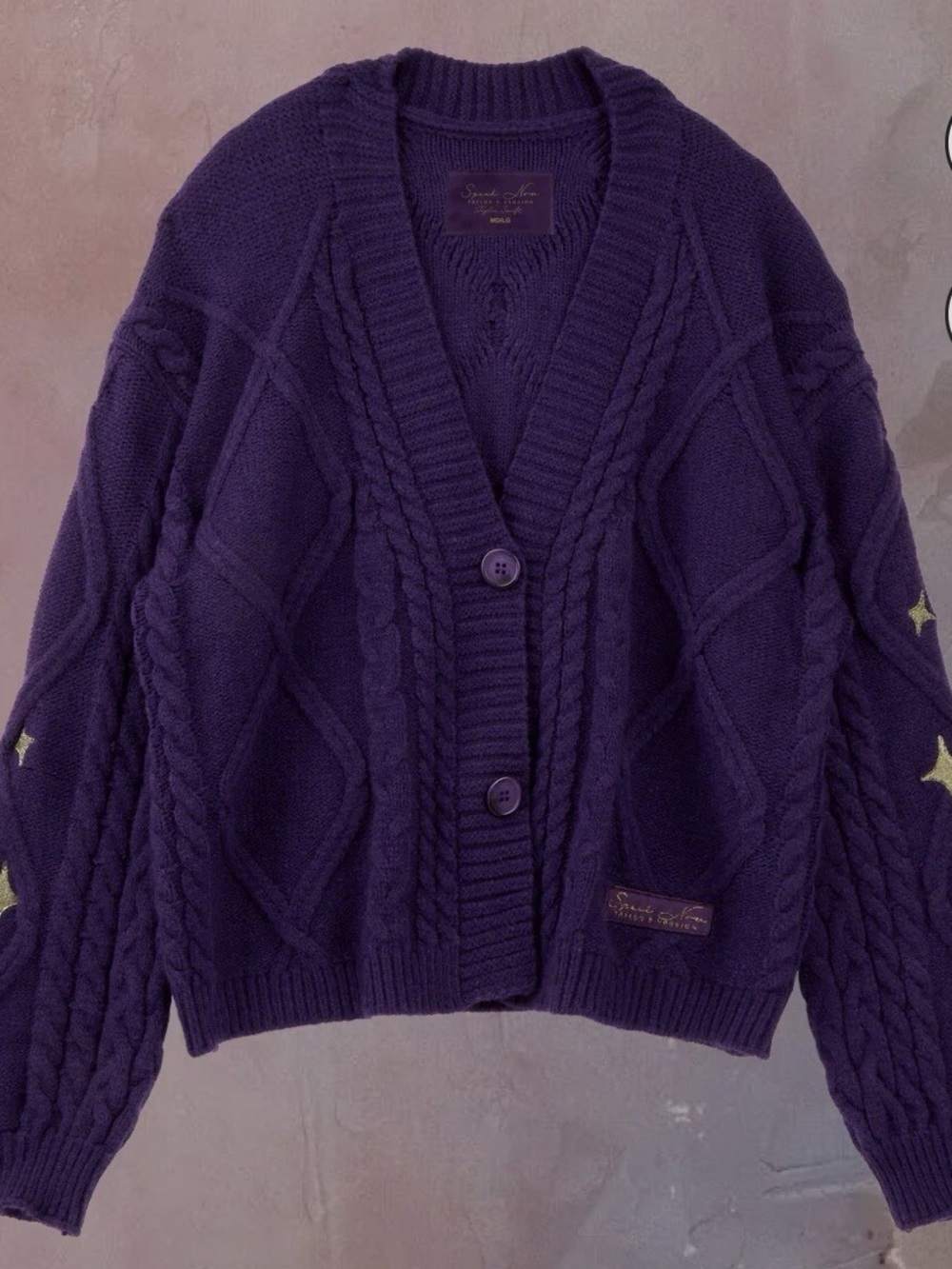 Taylor Swift Purple Cable Knit Cardigan with Star Sleeves